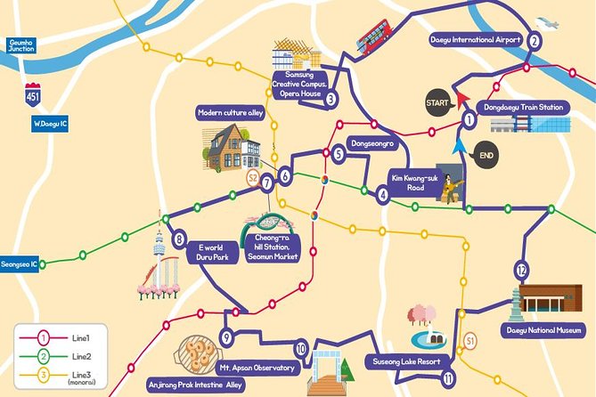 Daegu Hop on Hop off City Tour Bus Discount Ticket (내국인불가) - Central Daegu Stops: Dongseong-ro, Markets, and Kim Gwang-seok Road